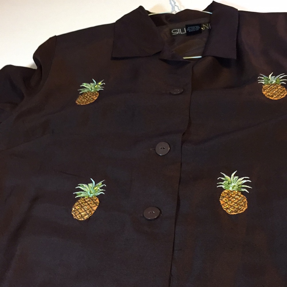Silkland Brown Silk Top with Embroidered Beaded Pineapples Size 10 - Picture 8 of 15